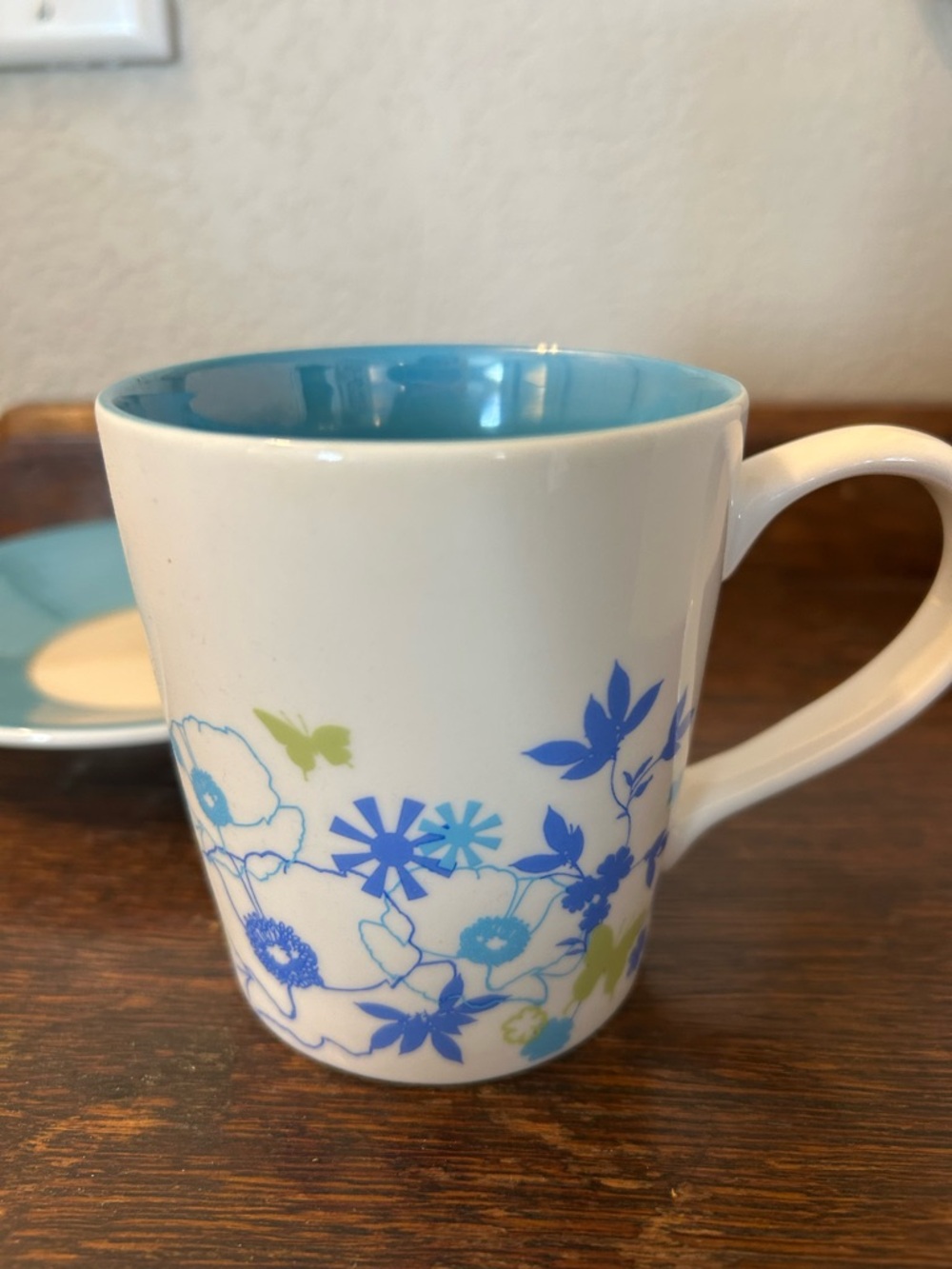 Starbucks White Mug with Blue Floral Pattern and Aqua Interior